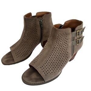 VIONIC Aloft Chryssa Suede Peep Toe Toupe Heeled Ankle Boots